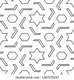 Ethnic backdrop.Seamless pattern. Stars, hexagons, figures ornament. Hexagonal, star shapes wallpaper. Geometric background. Polygons motif. Digital paper, abstract