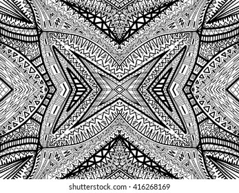 Ethnic background. Abstract tribal ornament. Black and white pattern. Doodle ornament background. Vector unusual texture. Trendy ornament for fashion or interior products. Art drawn wallpaper.