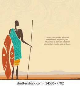 Ethnic background with African man warrior and stylized African landscape with space for text