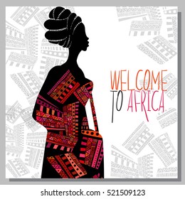 Ethnic background with african woman and african elements. This image can be use for invitation to Africa and some promotional materials in travel industry. 