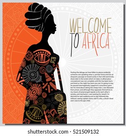 Ethnic background with african woman and african elements. This image can be use for invitation to Africa and some promotional materials in travel industry. 