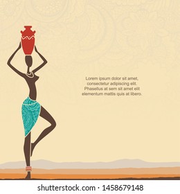 Ethnic background with African woman and stylized African landscape with space for text