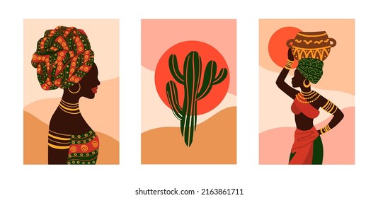 Ethnic background with african woman, vector poster set