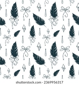 Ethnic background with feathers.  Boho seamless pattern  for wallpaper, textile and wrapping paper. Vector illustration isolated on white