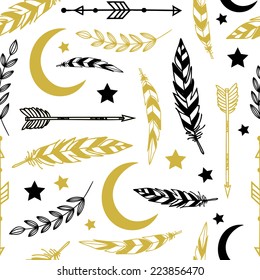 Ethnic background with feathers, moon, stars, florals and tribals. Used for wallpaper, pattern fills, web page background,surface textures.