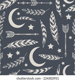 Ethnic background with feathers, moon, stars, florals and tribals. Used for wallpaper, pattern fills, web page background,surface textures.