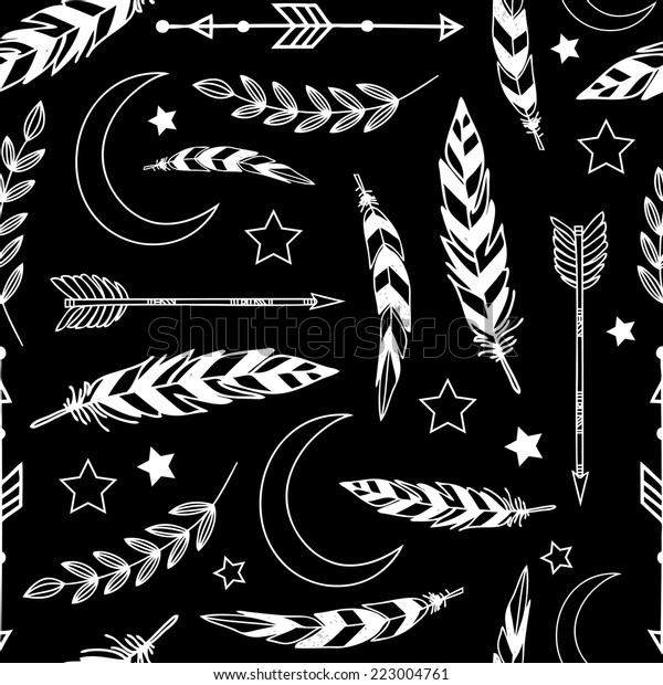 Ethnic background with feathers, moon, stars,
florals and tribals. Used for wallpaper, pattern fills, web page
background,surface
textures.