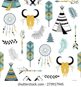 Ethnic background with feathers, moon, teepees, florals and tribals. Used for wallpaper, pattern fills, web page background,surface textures.
