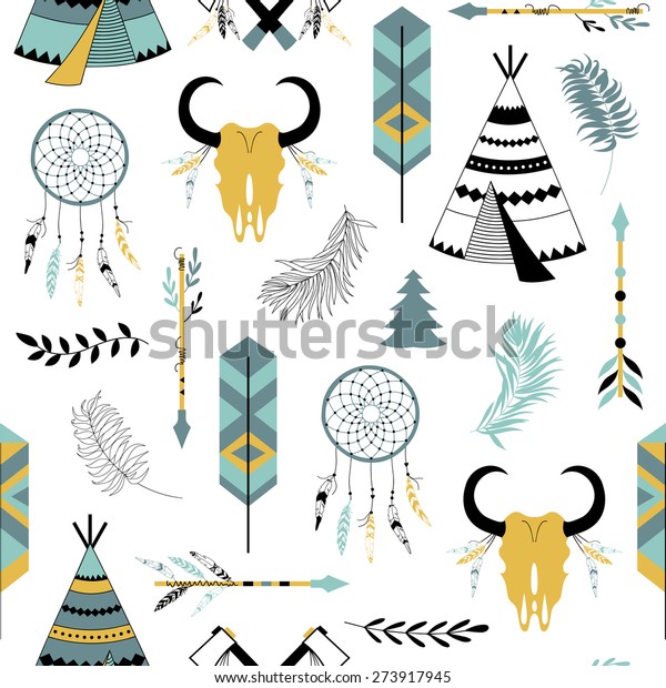 Ethnic background with feathers, moon, teepees,\
florals and tribals. Used for wallpaper, pattern fills, web page\
background,surface\
textures.