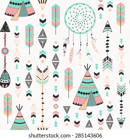 Ethnic background with feathers, teepees, floral and tribal. Used for wallpaper, pattern fills, web page background, surface textures.