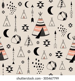 Ethnic background with feathers, teepees, floral and tribal. Used for wallpaper, pattern fills, web page background, surface textures.