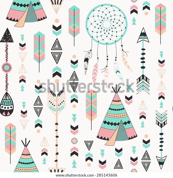 Ethnic background with feathers, teepees,
floral and tribal. Used for wallpaper, pattern fills, web page
background, surface
textures.