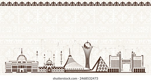 Ethnic background, frame, sights of Astana - capital of Kazakhstan, vector design