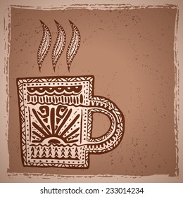Ethnic background with hand drawn coffee cup for your own design