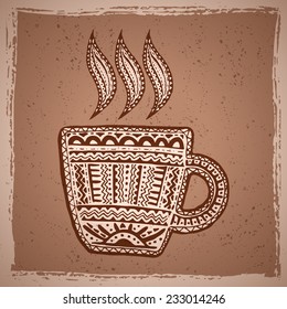 Ethnic background with hand drawn coffee cup for your own design