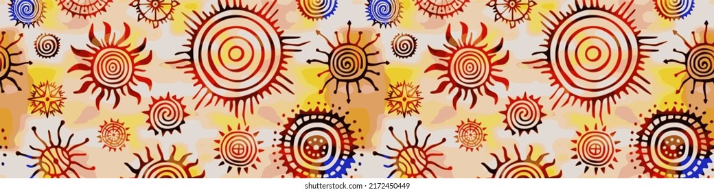 Ethnic background, multicolor border, sun symbols, vector design