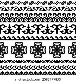 Ethnic background on the theme of Altai national ornament, seamless border set, vector design