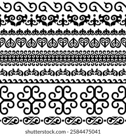 Ethnic background on the theme of Altai national ornament, seamless border set, vector design