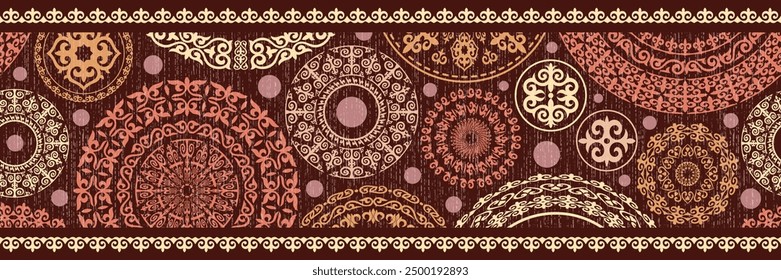 Ethnic background on the theme of Kazakh national ornament, seamless border, banner, vector design