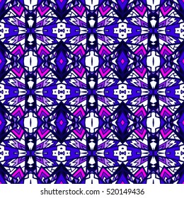 Ethnic background with oriental ornaments. Aztec, mexican background. Ethnic tile seamless pattern. Hand drawn boho repeating pattern. Colorful blue indigo geometric seamless texture for swimwear.