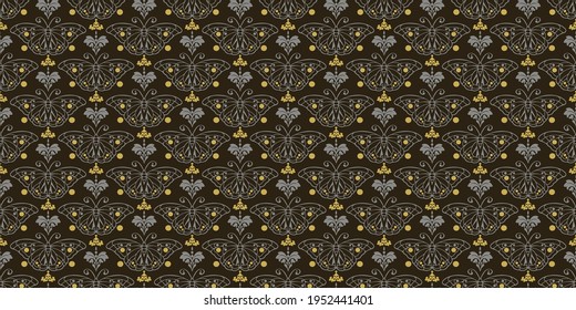 Ethnic background pattern with butterflies and decorative elements on a black background, wallpaper. Seamless pattern, texture for your design. Vector graphics