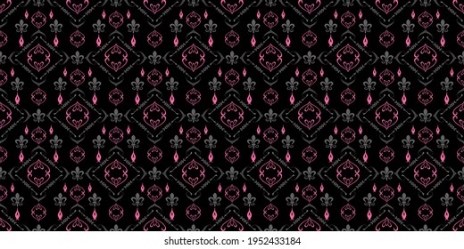 Patrón de fondo étnico con adorno rosa y gris sobre fondo negro, fondo de pantalla. Patrón sin brillo, textura para tu diseño. Gráficos vectoriales 