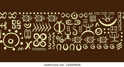 Origen étnico, frontera sin fisuras. Símbolos Adinkra, estilo africano. Diseño de vector abstracto dibujado a mano