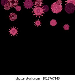 Ethnic Background with Simple Mandalas. Flourish Medallions on Black Ground. Stylish Dark Pattern with Outline Arabesque Motives. Gentle Snowflakes Drawn in Indian Style and Looking as Mandalas.