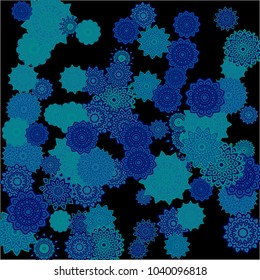 Ethnic Background with Simple Mandalas. Flourish Medallions on Black Ground. Stylish Dark Pattern with Outline Arabesque Motives. Gentle Snowflakes Drawn in Indian Style and Looking as Mandalas.