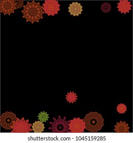 Ethnic Background with Simple Mandalas. Flourish Medallions on Black Ground. Stylish Dark Pattern with Outline Arabesque Motives. Gentle Snowflakes Drawn in Indian Style and Looking as Mandalas.