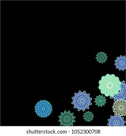 Ethnic Background with Simple Mandalas. Flourish Medallions on Black Ground. Stylish Dark Pattern with Outline Arabesque Motives. Gentle Snowflakes Drawn in Indian Style and Looking as Mandalas.