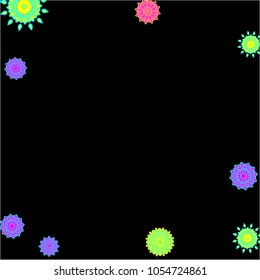 Ethnic Background with Simple Mandalas. Flourish Medallions on Black Ground. Stylish Dark Pattern with Outline Arabesque Motives. Gentle Snowflakes Drawn in Indian Style and Looking as Mandalas.