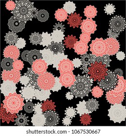 Ethnic Background with Simple Mandalas. Flourish Medallions on Black Ground. Stylish Dark Pattern with Outline Arabesque Motives. Gentle Snowflakes Drawn in Indian Style and Looking as Mandalas.