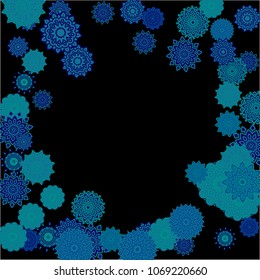 Ethnic Background with Simple Mandalas. Flourish Medallions on Black Ground. Stylish Dark Pattern with Outline Arabesque Motives. Gentle Snowflakes Drawn in Indian Style and Looking as Mandalas.