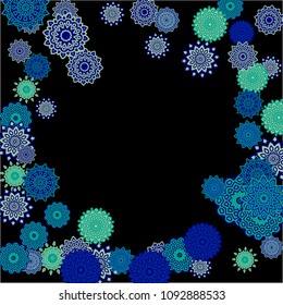 Ethnic Background with Simple Mandalas. Flourish Medallions on Black Ground. Stylish Dark Pattern with Outline Arabesque Motives. Gentle Snowflakes Drawn in Indian Style and Looking as Mandalas.