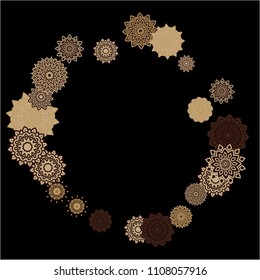 Ethnic Background with Simple Mandalas. Flourish Medallions on Black Ground. Stylish Dark Pattern with Outline Arabesque Motives. Gentle Snowflakes Drawn in Indian Style and Looking as Mandalas.