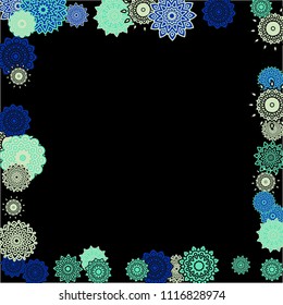 Ethnic Background with Simple Mandalas. Flourish Medallions on Black Ground. Stylish Dark Pattern with Outline Arabesque Motives. Gentle Snowflakes Drawn in Indian Style and Looking as Mandalas.