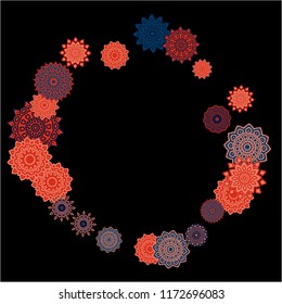 Ethnic Background with Simple Mandalas. Flourish Medallions on Black Ground. Stylish Dark Pattern with Outline Arabesque Motives. Gentle Snowflakes Drawn in Indian Style and Looking as Mandalas.
