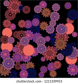 Ethnic Background with Simple Mandalas. Flourish Medallions on Black Ground. Stylish Dark Pattern with Outline Arabesque Motives. Gentle Snowflakes Drawn in Indian Style and Looking as Mandalas.