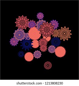 Ethnic Background with Simple Mandalas. Flourish Medallions on Black Ground. Stylish Dark Pattern with Outline Arabesque Motives. Gentle Snowflakes Drawn in Indian Style and Looking as Mandalas.
