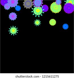 Ethnic Background with Simple Mandalas. Flourish Medallions on Black Ground. Stylish Dark Pattern with Outline Arabesque Motives. Gentle Snowflakes Drawn in Indian Style and Looking as Mandalas.