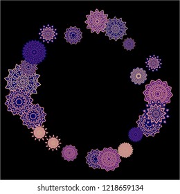 Ethnic Background with Simple Mandalas. Flourish Medallions on Black Ground. Stylish Dark Pattern with Outline Arabesque Motives. Gentle Snowflakes Drawn in Indian Style and Looking as Mandalas.