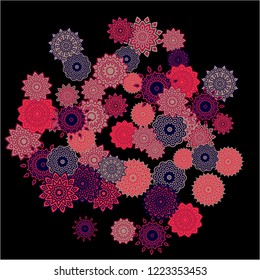 Ethnic Background with Simple Mandalas. Flourish Medallions on Black Ground. Stylish Dark Pattern with Outline Arabesque Motives. Gentle Snowflakes Drawn in Indian Style and Looking as Mandalas.