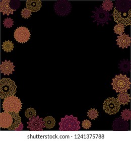 Ethnic Background with Simple Mandalas. Flourish Medallions on Black Ground. Stylish Dark Pattern with Outline Arabesque Motives. Gentle Snowflakes Drawn in Indian Style and Looking as Mandalas.