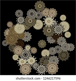 Ethnic Background with Simple Mandalas. Flourish Medallions on Black Ground. Stylish Dark Pattern with Outline Arabesque Motives. Gentle Snowflakes Drawn in Indian Style and Looking as Mandalas.