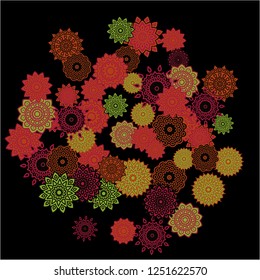 Ethnic Background with Simple Mandalas. Flourish Medallions on Black Ground. Stylish Dark Pattern with Outline Arabesque Motives. Gentle Snowflakes Drawn in Indian Style and Looking as Mandalas.
