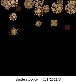 Ethnic Background with Simple Mandalas. Lacy Round Patterns on Black Ground. Stylish Dark Pattern with Outline Arabesque Motives. Gentle Snowflakes Drawn in Indian Style and Looking as Mandalas.