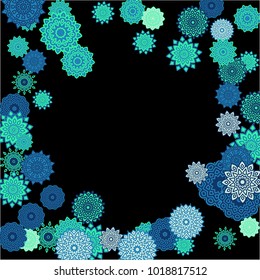 Ethnic Background with Simple Mandalas. Lacy Round Patterns on Black Ground. Stylish Dark Pattern with Outline Arabesque Motives. Gentle Snowflakes Drawn in Indian Style and Looking as Mandalas.