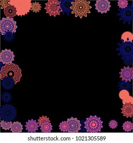 Ethnic Background with Simple Mandalas. Lacy Round Patterns on Black Ground. Stylish Dark Pattern with Outline Arabesque Motives. Gentle Snowflakes Drawn in Indian Style and Looking as Mandalas.