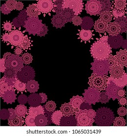 Ethnic Background with Simple Mandalas. Lacy Round Patterns on Black Ground. Stylish Dark Pattern with Outline Arabesque Motives. Gentle Snowflakes Drawn in Indian Style and Looking as Mandalas.